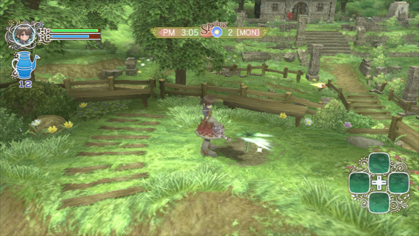 Rune Factory Frontier Screenshot: Watering the stalk