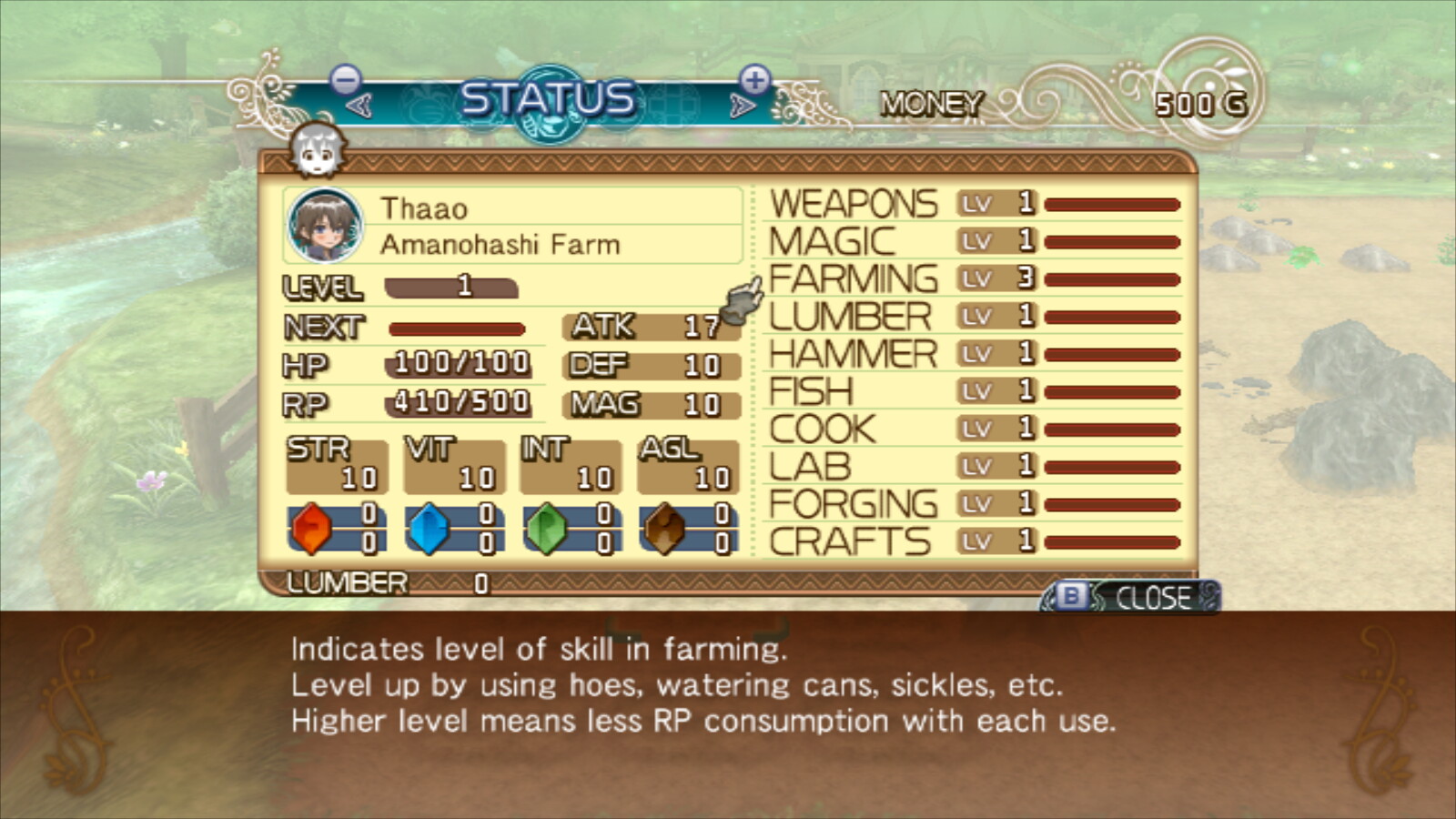 Rune Factory Frontier Screenshot: Status Menu