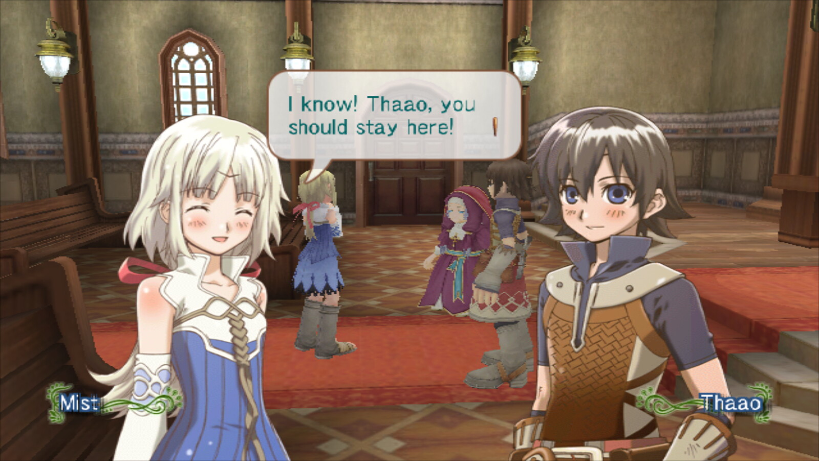 Rune Factory Frontier Screenshot: Mist 'inviting' Raguna to stay in Trampoli